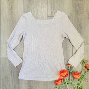 Old Navy Size M Slim Fit Ribbed 3/4 Sleeve Top Heathered Cream Beige Square Neck